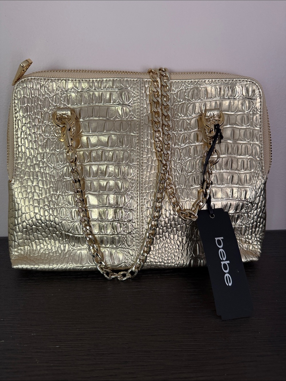 bebe Gold Croc-Embossed Chain Shoulder Bag